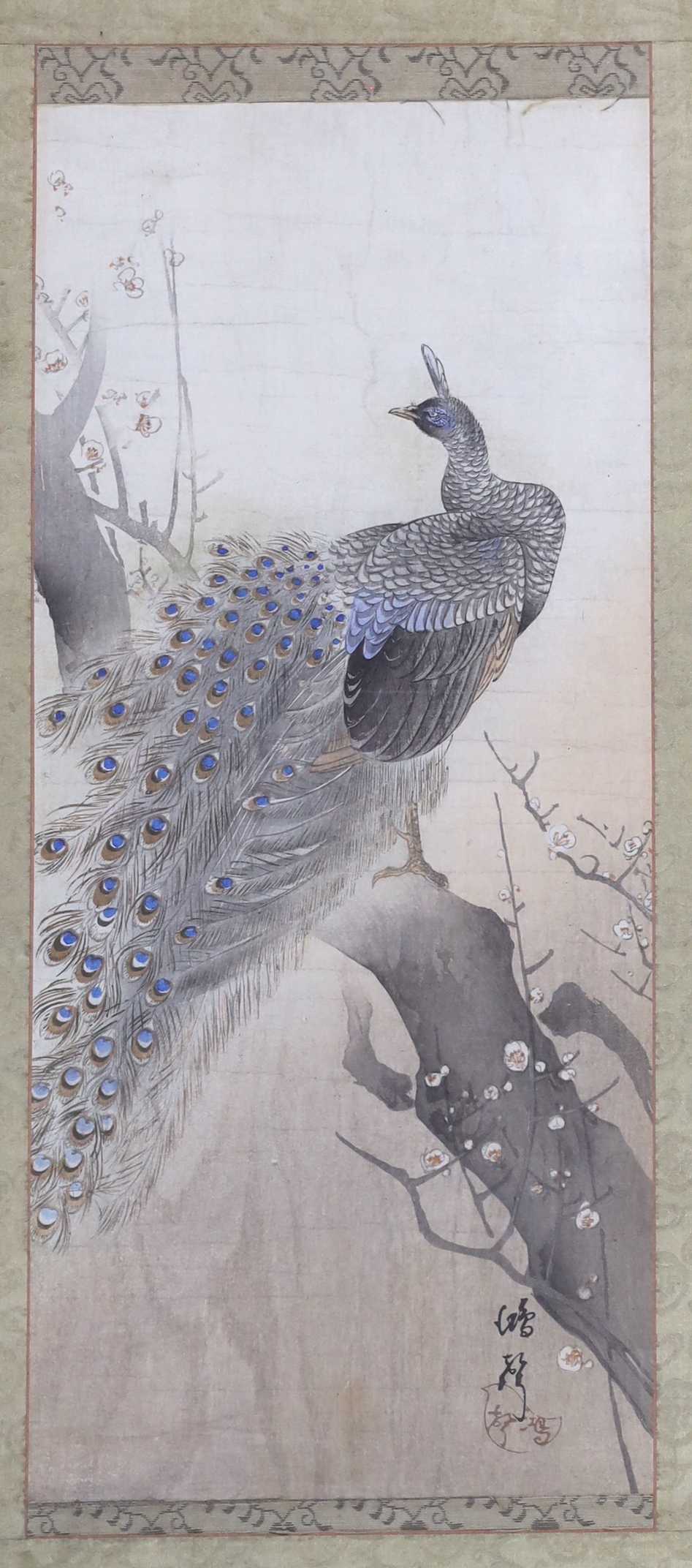 Japanese School, woodblock print, Peacock on branch, 38 x 16cm